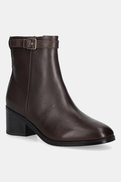 Tommy Hilfiger botki skórzane TH BUCKLE RIDING MID HEEL BOOTIE damskie kolor brązowy na słupku FW0FW08859 - zdjęcie produktu nr 1