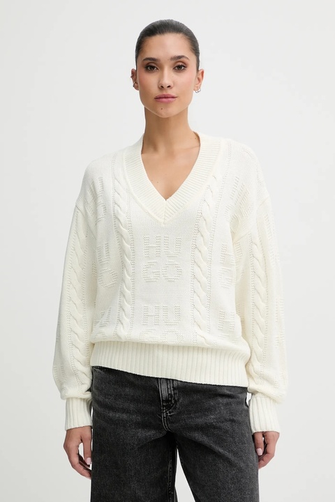 HUGO sweter z dodatkiem wełny damski kolor beżowy 50554075 - zdjęcie produktu nr 1