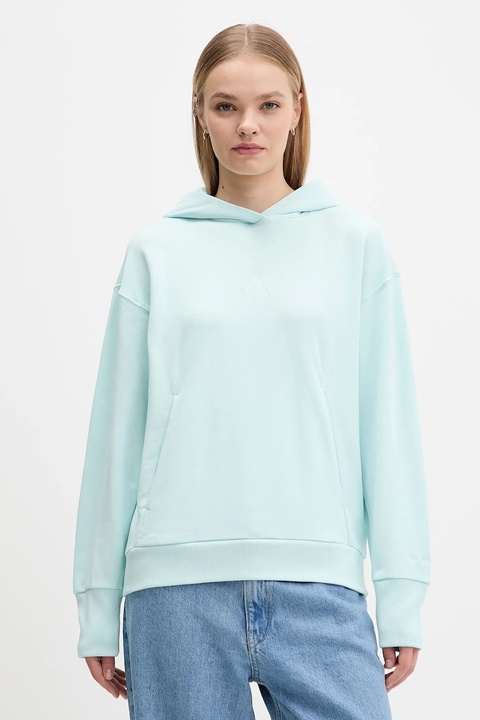 adidas bluza bawełniana All Szn French Terry damska kolor turkusowy z kapturem gładka JV7347 - zdjęcie produktu nr 1