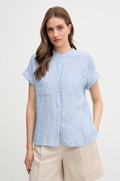 Tommy Hilfiger koszula lniana damska kolor niebieski relaxed ze stójką WW0WW44715 - zdjęcie produktu nr 1