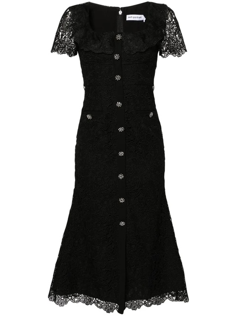 Self-Portrait floral-macramé belted midi dress - Black - zdjęcie produktu nr 1