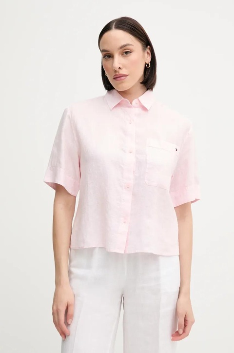 Tommy Hilfiger koszula lniana damska kolor różowy relaxed z kołnierzykiem klasycznym WW0WW44720 - zdjęcie produktu nr 1