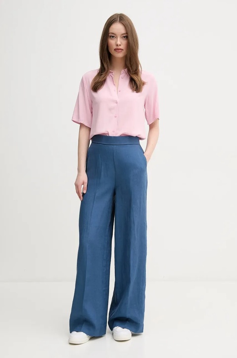 United Colors of Benetton spodnie lniane damskie kolor granatowy proste high waist 4AGHDF08K - zdjęcie produktu nr 2