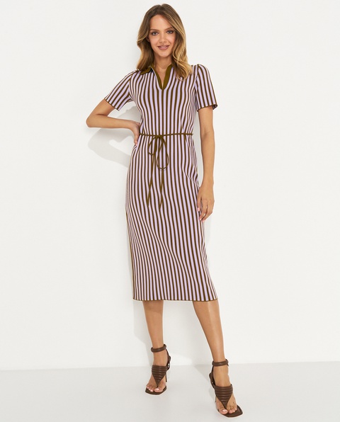 TORY BURCH - Sukienka midi w paski z kołnierzykiem - zdjęcie produktu nr 1