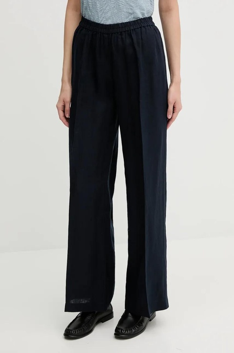 Sisley spodnie lniane kolor granatowy szerokie high waist - zdjęcie produktu nr 1
