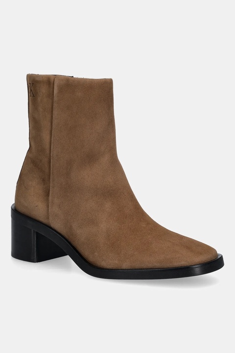 Calvin Klein botki zamszowe BLOCK HEEL ZIP BOOT SUE damskie kolor brązowy na słupku HW0HW02592 - zdjęcie produktu nr 1