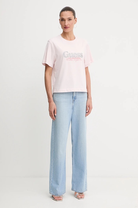 Guess t-shirt bawełniany damski kolor różowy W5YI07 I3Z14 - zdjęcie produktu nr 2
