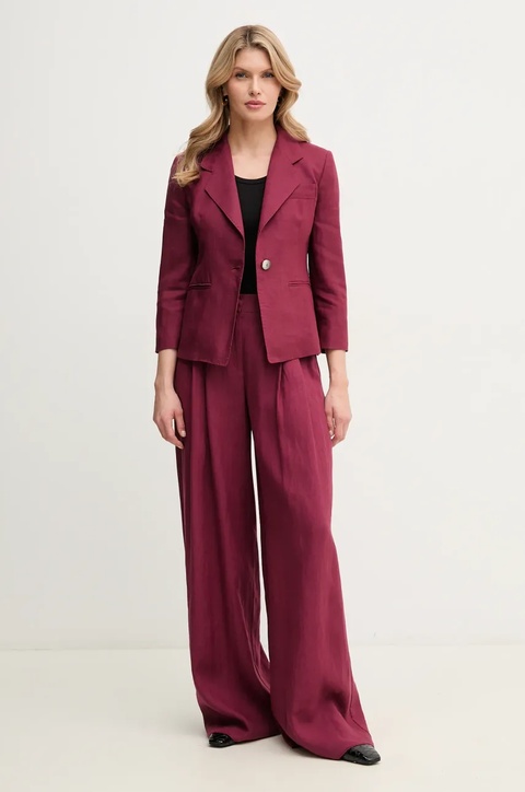 Marella spodnie lniane ZAMA damskie kolor bordowy szerokie high waist 2513131132200 - zdjęcie produktu nr 2