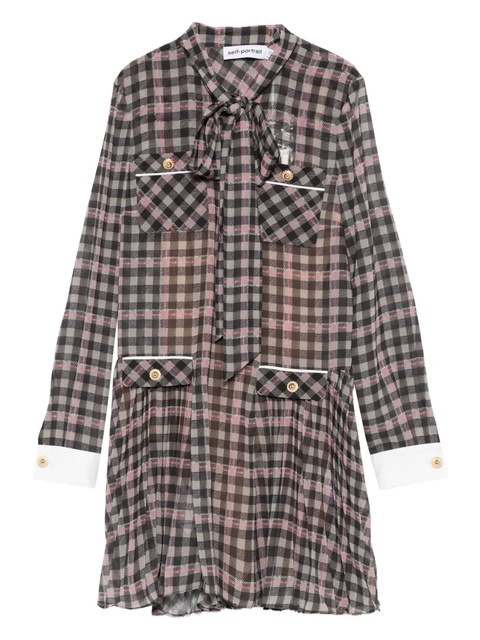 Self-Portrait pleated checked dress - Brown - zdjęcie produktu nr 1