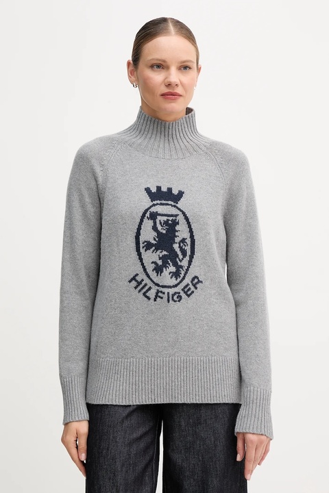 Tommy Hilfiger sweter z dodatkiem wełny damski kolor szary z półgolfem WW0WW46434 - zdjęcie produktu nr 1