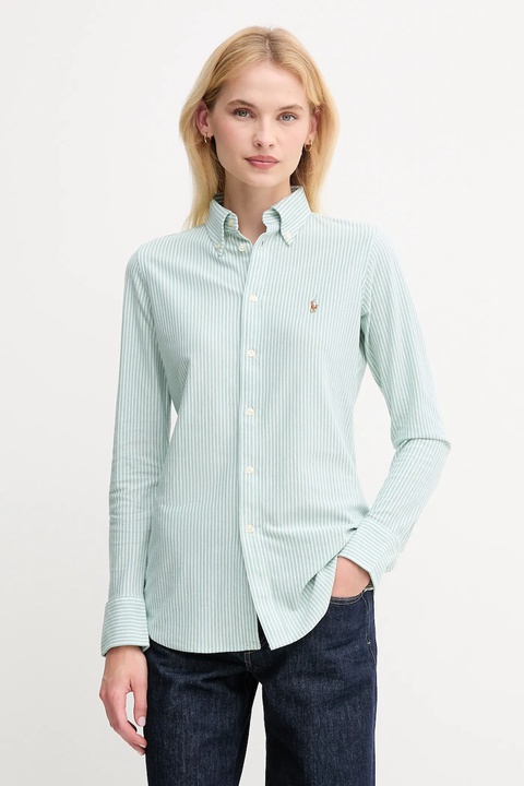 Polo Ralph Lauren koszula bawełniana damska kolor zielony slim z kołnierzykiem klasycznym 211910131 - zdjęcie produktu nr 1