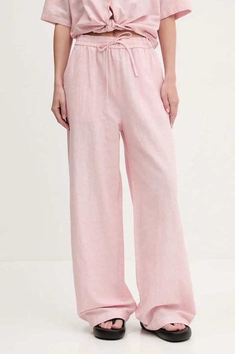 Tommy Jeans spodnie z domieszką lnu damskie kolor różowy szerokie high waist DW0DW20352 - zdjęcie produktu nr 1