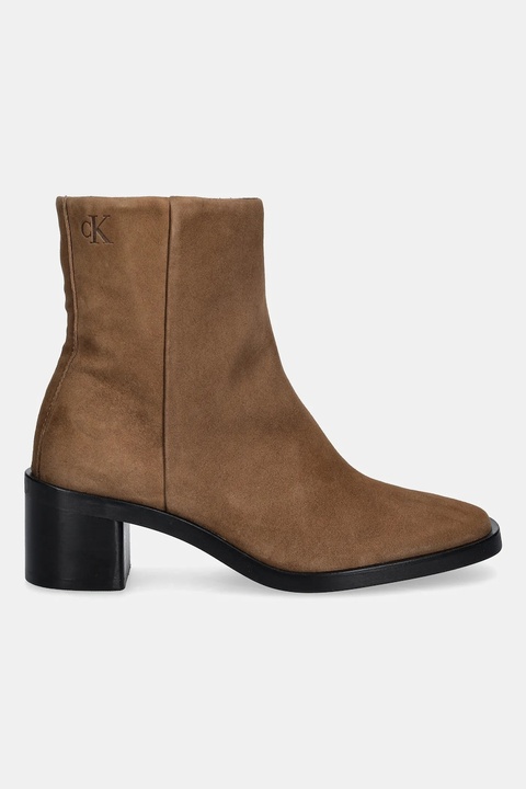 Calvin Klein botki zamszowe BLOCK HEEL ZIP BOOT SUE damskie kolor brązowy na słupku HW0HW02592 - zdjęcie produktu nr 2