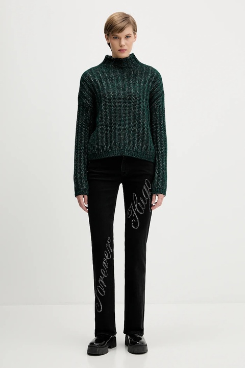 HUGO sweter z dodatkiem wełny damski kolor zielony ciepły z półgolfem 50550210 - zdjęcie produktu nr 2