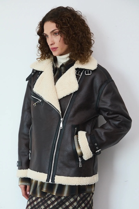 Medicine kurtka biker damska kolor brązowy przejściowa oversize - zdjęcie produktu nr 1