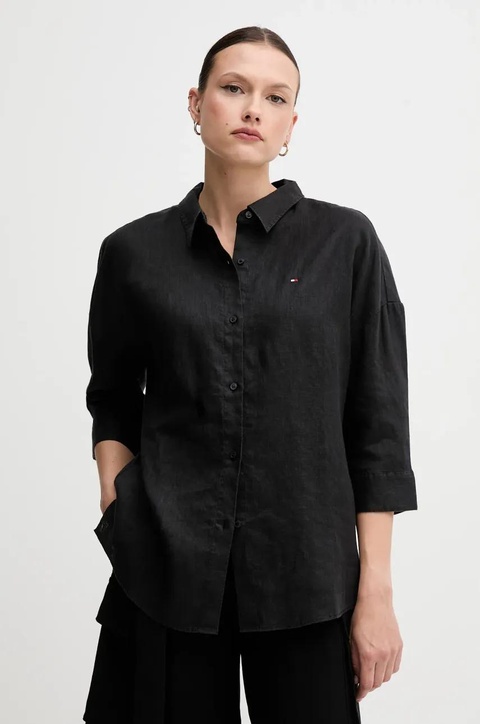 Tommy Hilfiger koszula lniana damska kolor czarny relaxed z kołnierzykiem klasycznym WW0WW46169 - zdjęcie produktu nr 1
