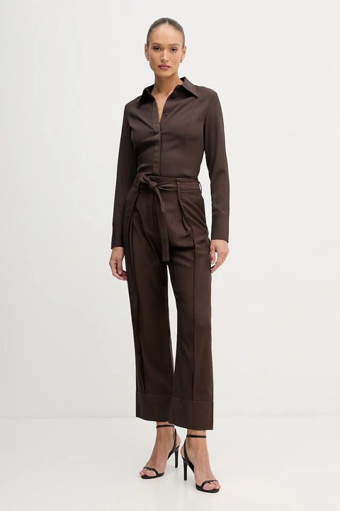 Sisley spodnie damskie kolor brązowy szerokie high waist 4ETSLF082 - zdjęcie produktu nr 2