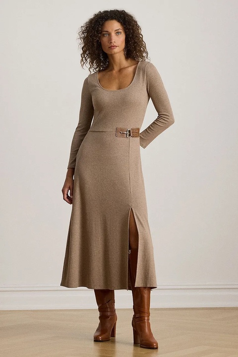 Lauren Ralph Lauren sukienka kolor beżowy midi rozkloszowana 200980038 - zdjęcie produktu nr 1