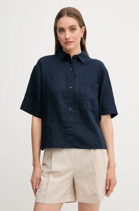 Tommy Hilfiger koszula lniana damska kolor granatowy relaxed z kołnierzykiem klasycznym WW0WW44720 - zdjęcie produktu nr 1