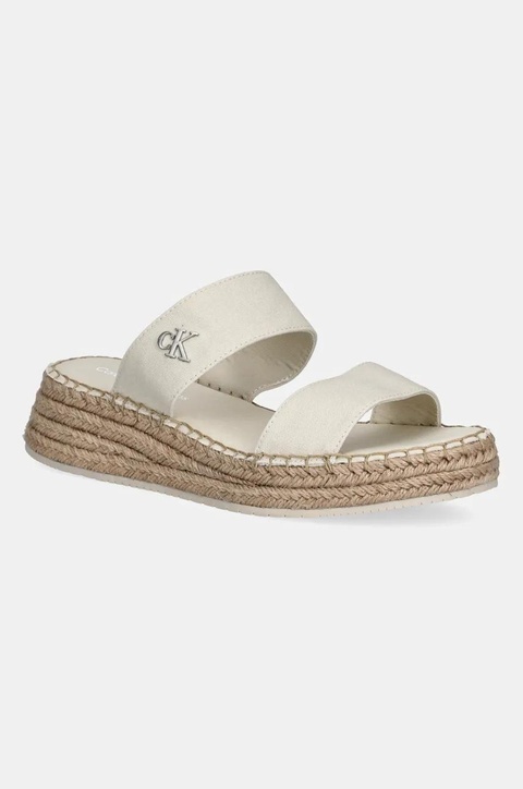 Calvin Klein Jeans klapki SPORTY ROPE MG LTH WEBBING damskie kolor beżowy na koturnie YW0YW01704 - zdjęcie produktu nr 1