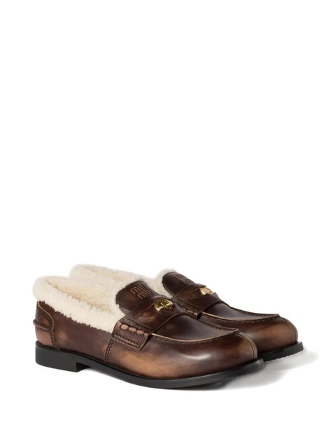 Miu Miu Bleached leather and shearling penny loafers - Brown - zdjęcie produktu nr 2