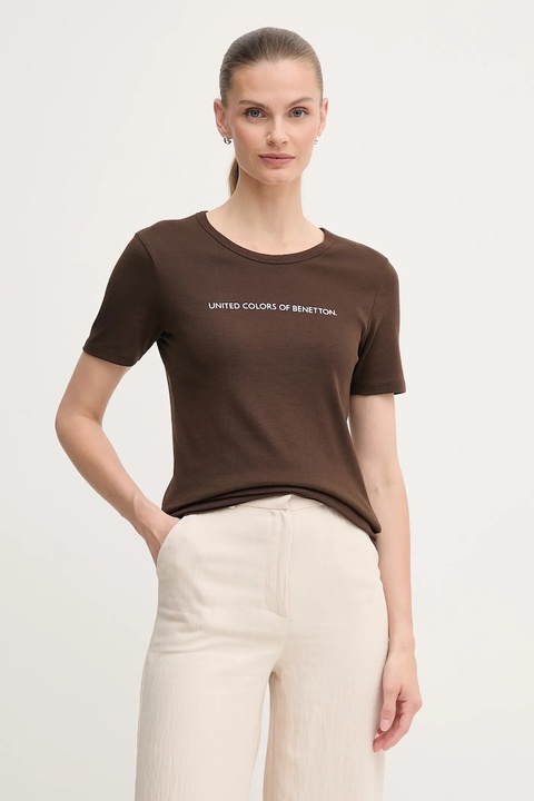 United Colors of Benetton t-shirt bawełniany damski kolor brązowy 3GA2E16A2 - zdjęcie produktu nr 1
