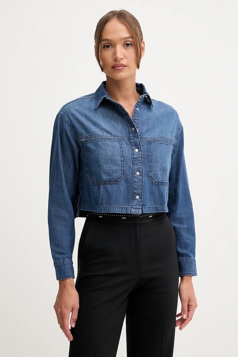 United Colors of Benetton koszula bawełniana jeansowa damska kolor niebieski relaxed z kołnierzykiem klasycznym 528SDQ0C7 - zdjęcie produktu nr 1