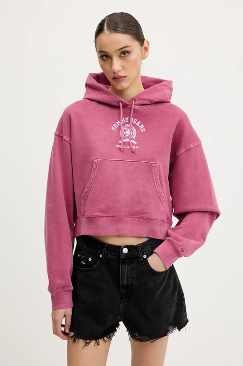 Tommy Jeans bluza bawełniana damska kolor różowy z kapturem z aplikacją DW0DW20311 - zdjęcie produktu nr 1