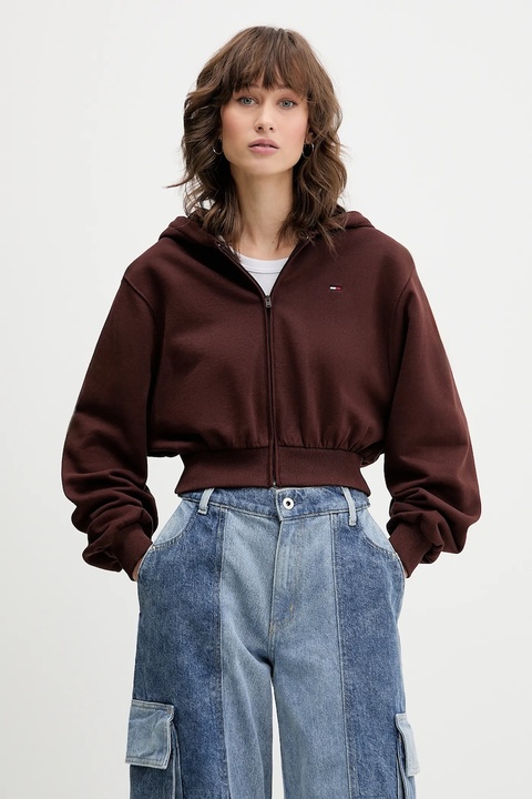 Tommy Jeans bluza bawełniana damska kolor brązowy z kapturem gładka DW0DW21590 - zdjęcie produktu nr 1