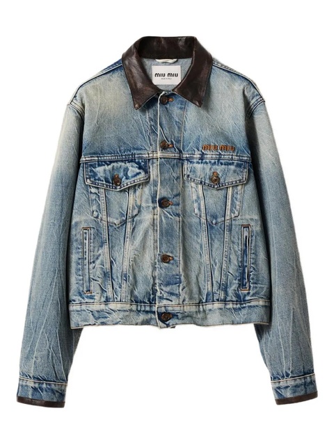Miu Miu leather-collar denim jacket - Blue - zdjęcie produktu nr 1