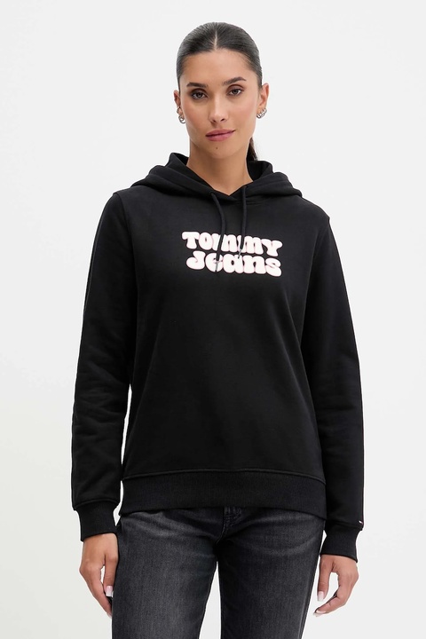 Tommy Jeans bluza bawełniana damska kolor czarny z kapturem z nadrukiem DW0DW21962 - zdjęcie produktu nr 1
