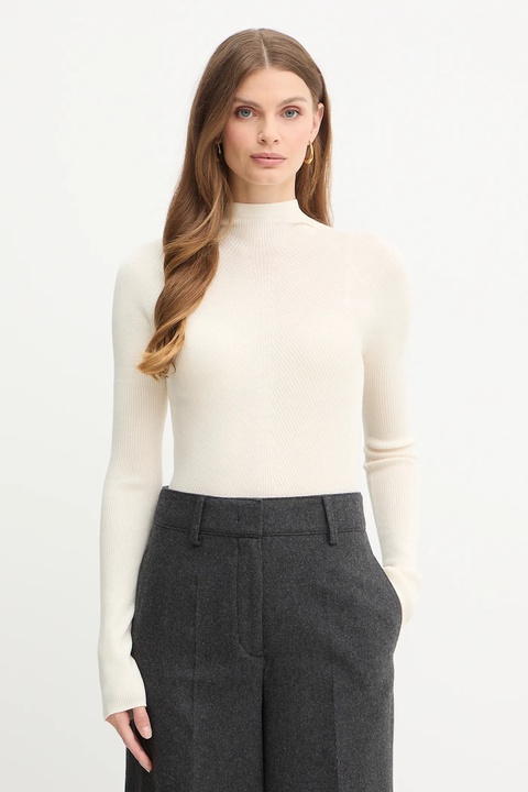 BOSS sweter wełniany damski kolor beżowy lekki z półgolfem 50549166 - zdjęcie produktu nr 1