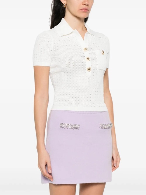 Self-Portrait pointelle-knit polo top - White - zdjęcie produktu nr 2