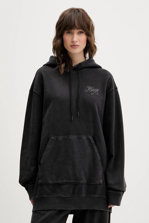 Hugo Blue bluza bawełniana damska kolor szary z kapturem z aplikacją 50547955 - zdjęcie produktu nr 1