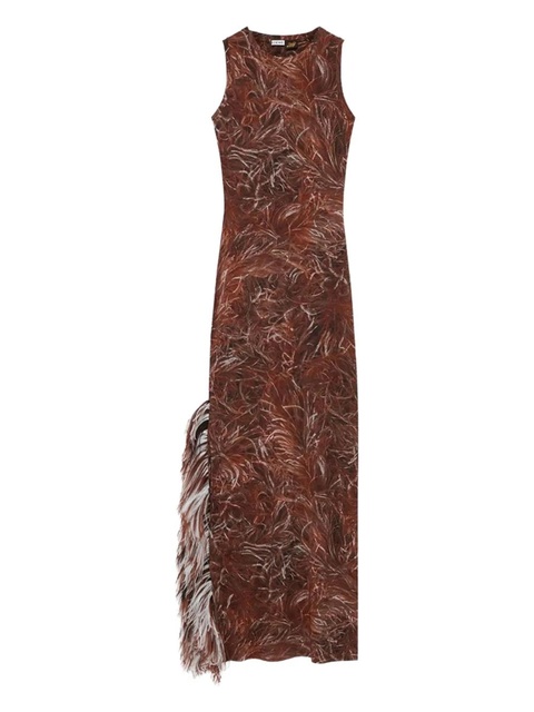 LOEWE Feather-print fringe maxi dress - Brown - zdjęcie produktu nr 1