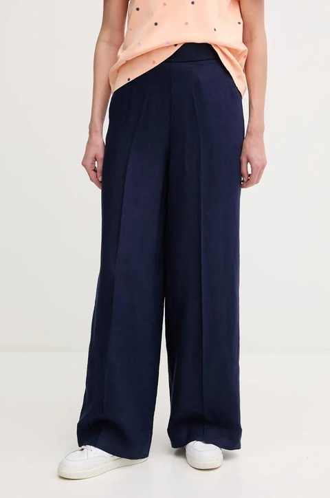 United Colors of Benetton spodnie lniane damskie kolor granatowy proste high waist 4AGHDF08K - zdjęcie produktu nr 1