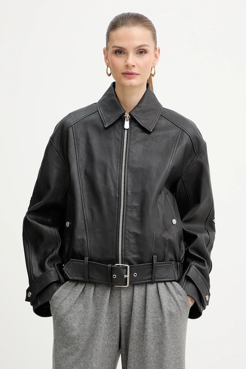 Pinko kurtka skórzana kolor czarny przejściowa oversize 105793 A2U7 - zdjęcie produktu nr 1