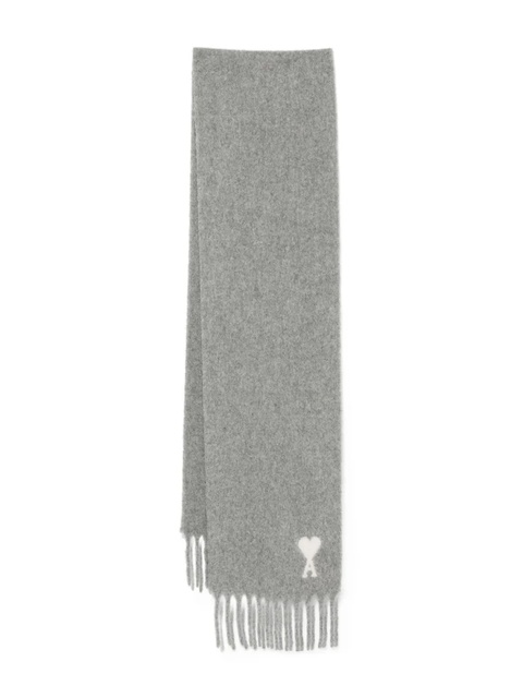 AMI Paris heart-logo fringed scarf - Grey - zdjęcie produktu nr 1