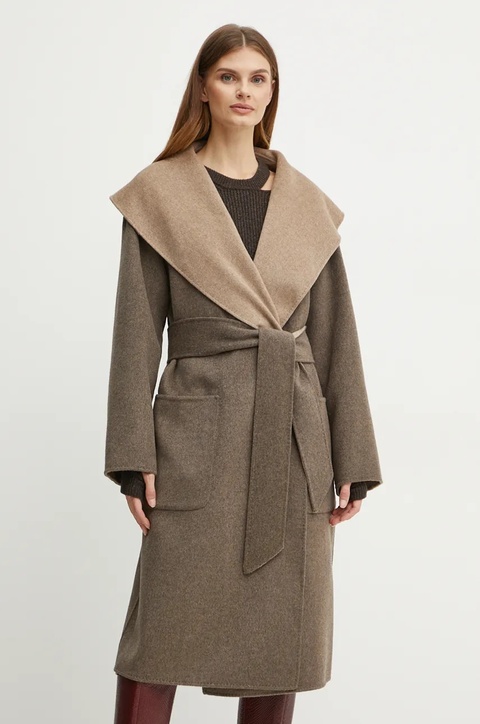 Karl Lagerfeld płaszcz wełniany dwustronny kolor beżowy przejściowy oversize 246W1502 - zdjęcie produktu nr 2