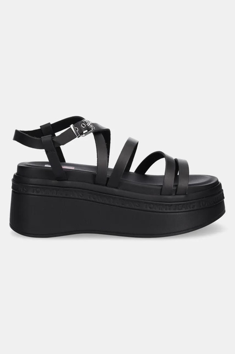 Tommy Jeans sandały skórzane WEDGY STRAPPY SANDAL damskie kolor czarny na platformie EN0EN02756 - zdjęcie produktu nr 2