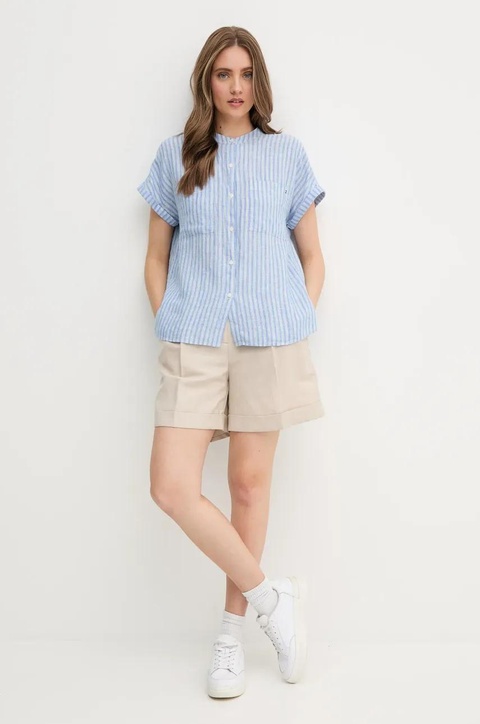 Tommy Hilfiger koszula lniana damska kolor niebieski relaxed ze stójką WW0WW44715 - zdjęcie produktu nr 2