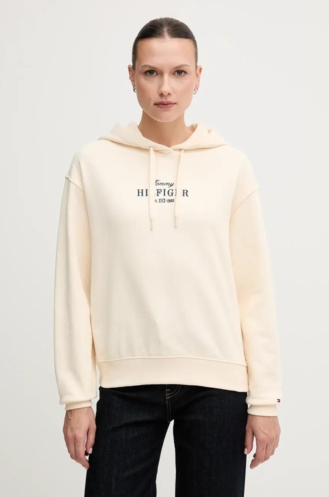 Tommy Hilfiger bluza bawełniana damska kolor beżowy z kapturem z aplikacją WW0WW45528 - zdjęcie produktu nr 1