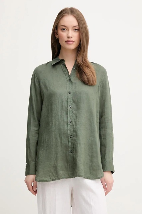 United Colors of Benetton koszula lniana kolor zielony regular z kołnierzykiem klasycznym - zdjęcie produktu nr 1