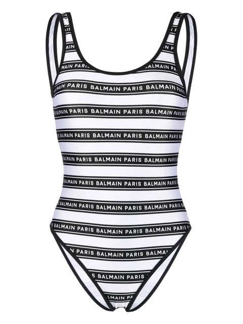Balmain striped logo-print swimsuit - White - zdjęcie produktu nr 1