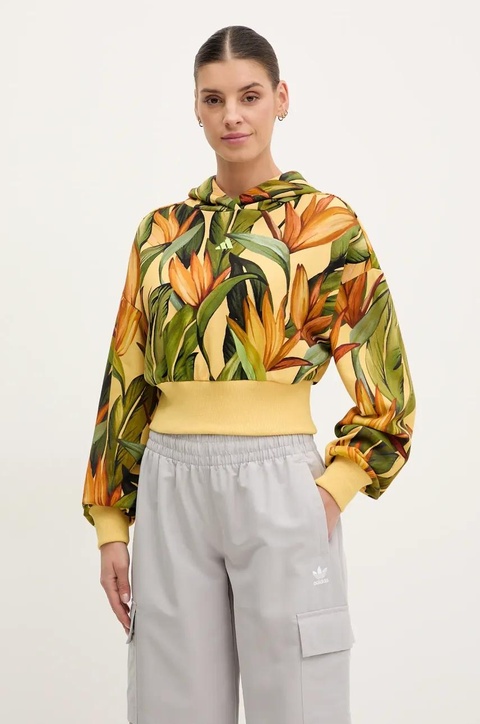 adidas bluza bawełniana x Farm Rio damska kolor żółty z kapturem wzorzysta JD6282 - zdjęcie produktu nr 1