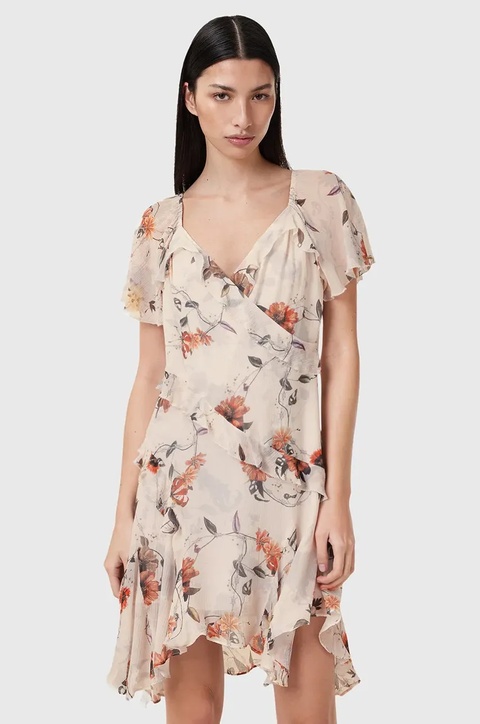 AllSaints sukienka z domieszką jedwabiu DARMA kolor beżowy mini prosta W018DC - zdjęcie produktu nr 2