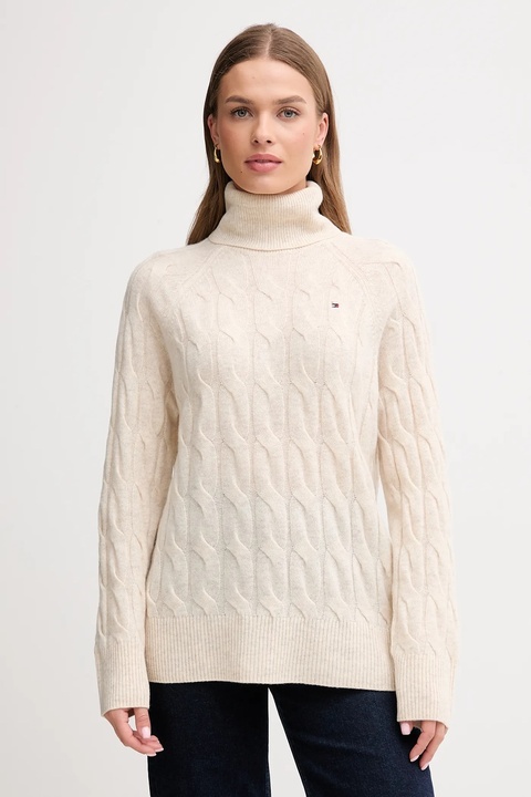 Tommy Hilfiger sweter wełniany damski kolor beżowy lekki z golfem WW0WW46791 - zdjęcie produktu nr 1