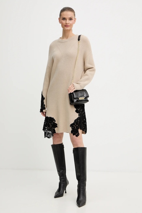 Pinko sukienka z dodatkiem wełny kolor beżowy mini oversize 105504 A2R1 - zdjęcie produktu nr 1