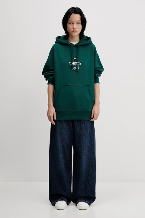 Tommy Jeans bluza bawełniana damska kolor zielony z kapturem z aplikacją DN0DN00099 - zdjęcie produktu nr 1