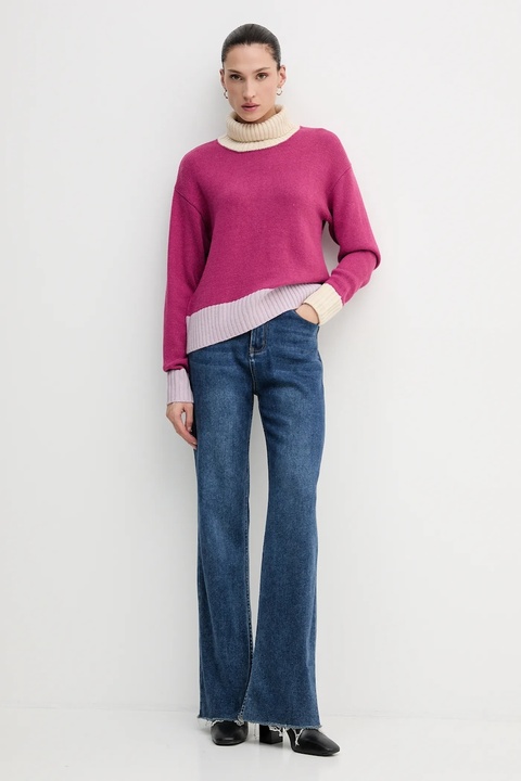 United Colors of Benetton sweter z dodatkiem wełny damski kolor różowy z golfem 16YCE204I - zdjęcie produktu nr 2